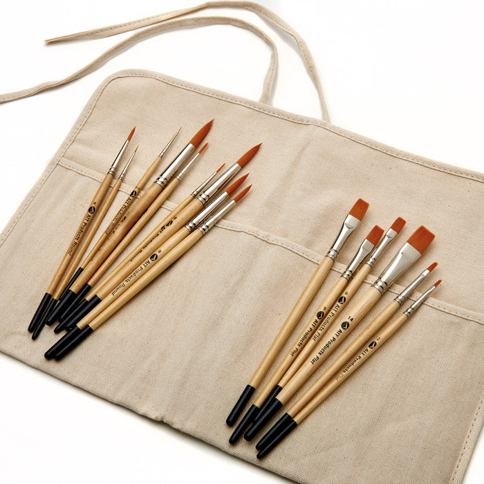 Paint Brush Set of 15 Round and Flat Short-Handle Brushes, Handmade in USA, Includes FREE Canvas Holder
