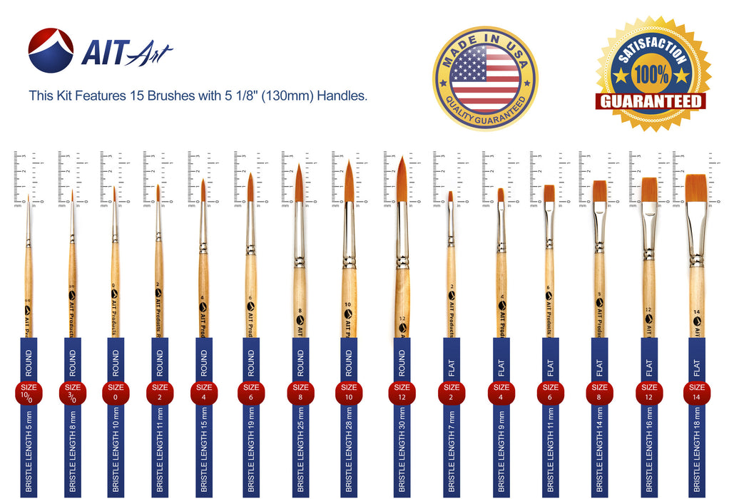 Paint Brush Set of 15 Round and Flat Short-Handle Brushes, Handmade in USA, Includes FREE Canvas Holder