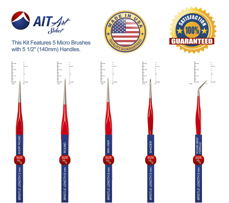 AIT Art Select, Set of 5 Micro Brushes for Miniature Detail, Handmade in USA with a Triangular Handle Design for the Best Grip and Ultimate Precision