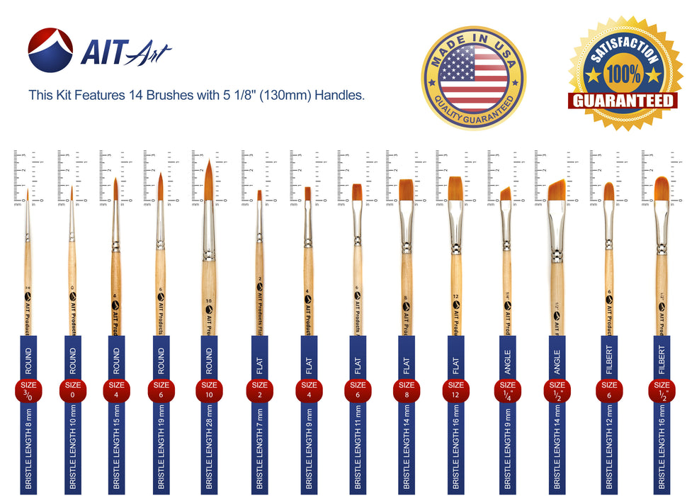 Paint Brush Set of 14 Short-Handle Brushes, Excellent Variety of Brush Shapes for All Needs, Handmade in USA to Last Without Shedding or Breaking