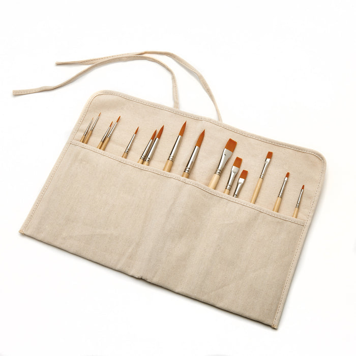 Paint Brush Set of 15 Round and Flat Short-Handle Brushes, Handmade in USA, Includes FREE Canvas Holder