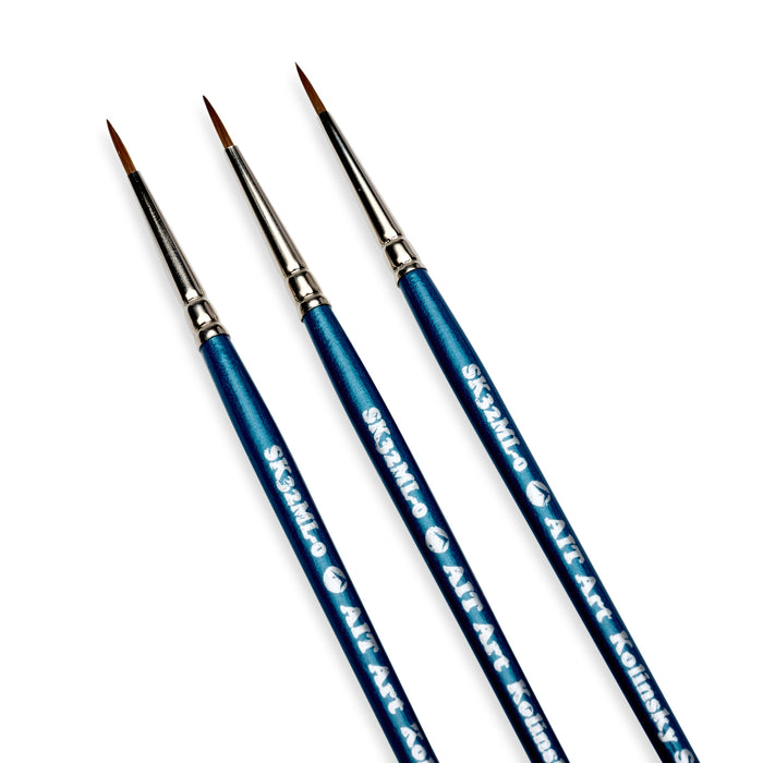 AIT Art Select Pack of 3 Single Size Detail Mini Liners, Synthetic Kolinsky Sable, Short-Handle Brushes, Set Assembled in USA, Pick the Exact Size You Want for Your Project