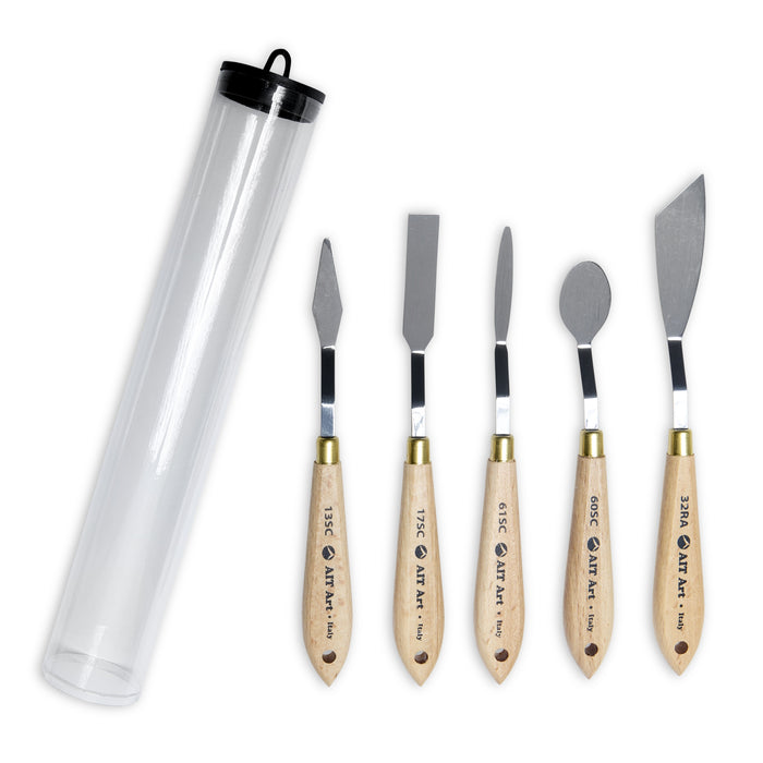 AIT Art Select Painting Knives - Set of 5 - Assorted Trowel Shapes with Italian Carbon Steel Blades - Durable and Versatile