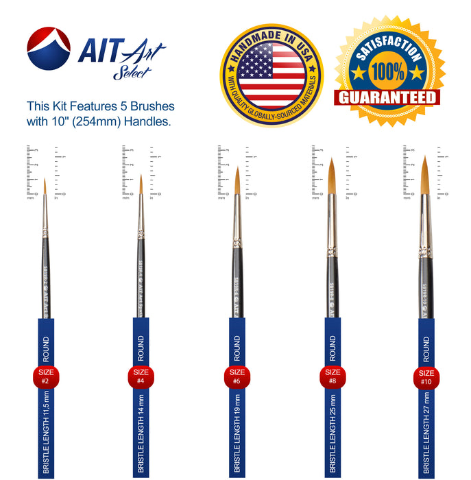 AIT Art Select Paint Brush Set, 5 Long Handle Synthetic Blend Round Paint Brushes, Handmade in USA, Set for Superior Results with Oil, Acrylic, and Watercolors