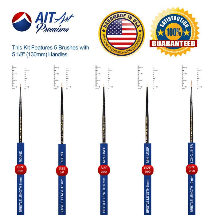 AIT Art Premium Detail Brush Set, 5 Dark Synthetic Paint Brushes, Handmade in USA, Best Quality Set for Precision Details with Oil, Acrylic, and Watercolors