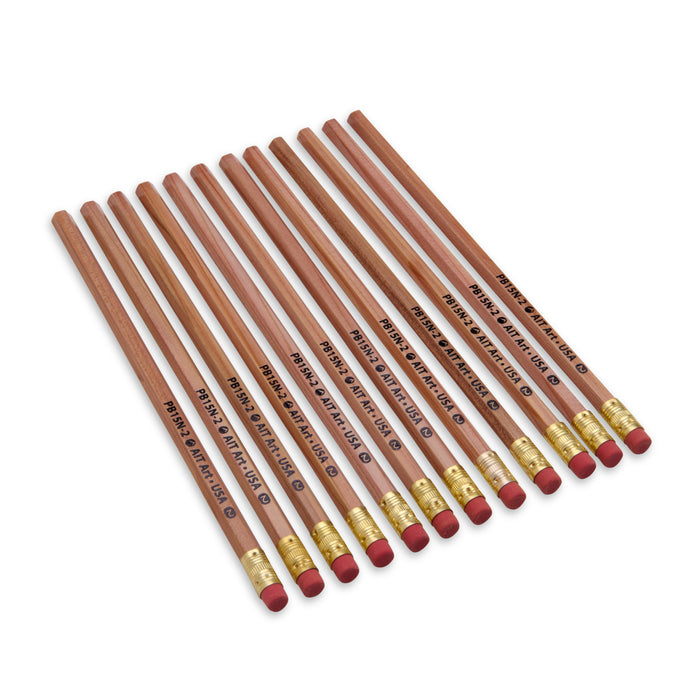 AIT Art Wood Pencils, Pack of 12, Unsharpened, No. 2 HB Lead, Latex Free Erasers, Made in USA to Handle Any Writing Task with Ease