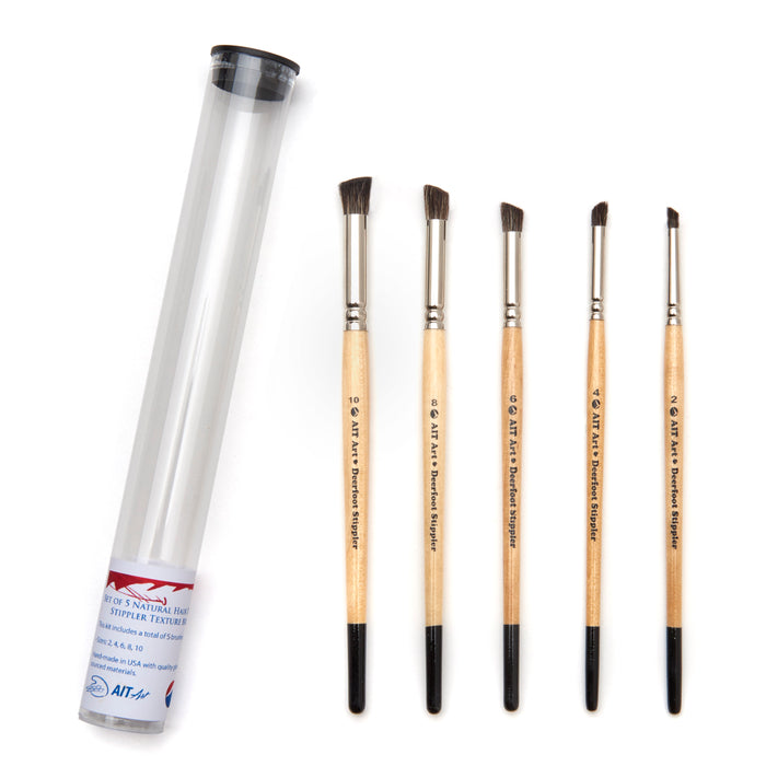 Paint Brush Set of 5 Natural Hair Deerfoot Stippler Texture Brushes, Handmade in USA for Superior Results with Watercolors, Acrylic, and Oil