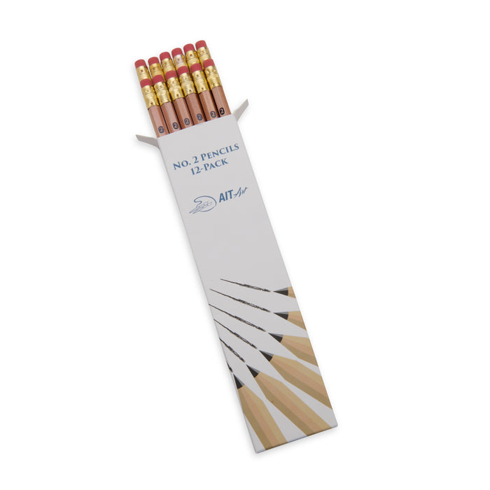 AIT Art Wood Pencils, Pack of 12, Unsharpened, No. 2 HB Lead, Latex Free Erasers, Made in USA to Handle Any Writing Task with Ease