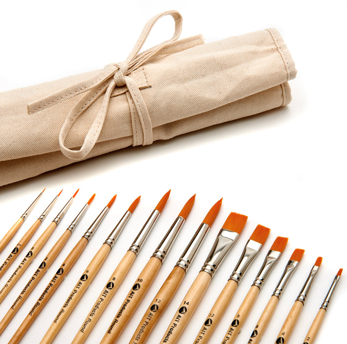 Paint Brush Set of 15 Round and Flat Short-Handle Brushes, Handmade in USA, Includes FREE Canvas Holder