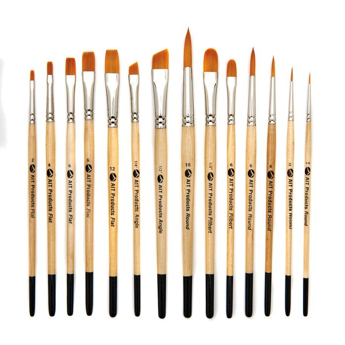 Paint Brush Set of 14 Short-Handle Brushes, Excellent Variety of Brush Shapes for All Needs, Handmade in USA to Last Without Shedding or Breaking