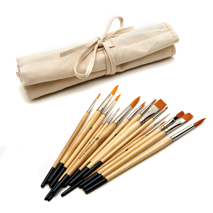 Paint Brush Set of 15 Round and Flat Short-Handle Brushes, Handmade in USA, Includes FREE Canvas Holder