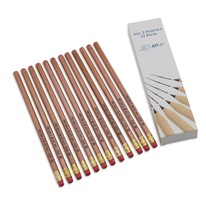 AIT Art Wood Pencils, Pack of 12, Unsharpened, No. 2 HB Lead, Latex Free Erasers, Made in USA to Handle Any Writing Task with Ease