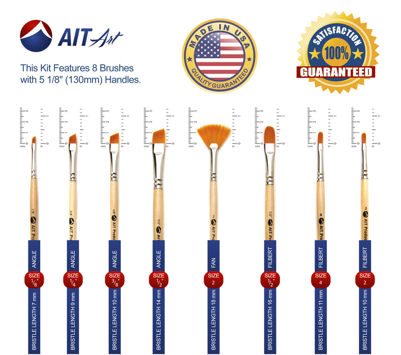 Paint Brush Set of 8 Short-Handle Artist Brushes,  Angle Shaders, Filberts, and a Fan, Handmade in USA for Lasting Performance
