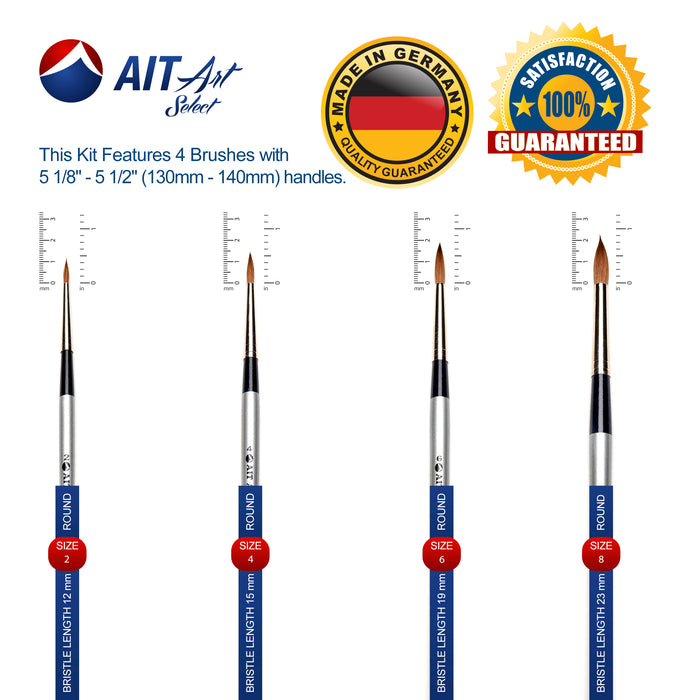 AIT Art Select, Set of 4 Pure Russian Red Sable Round Paint Brushes, Handmade in Germany to Produce Superior Results