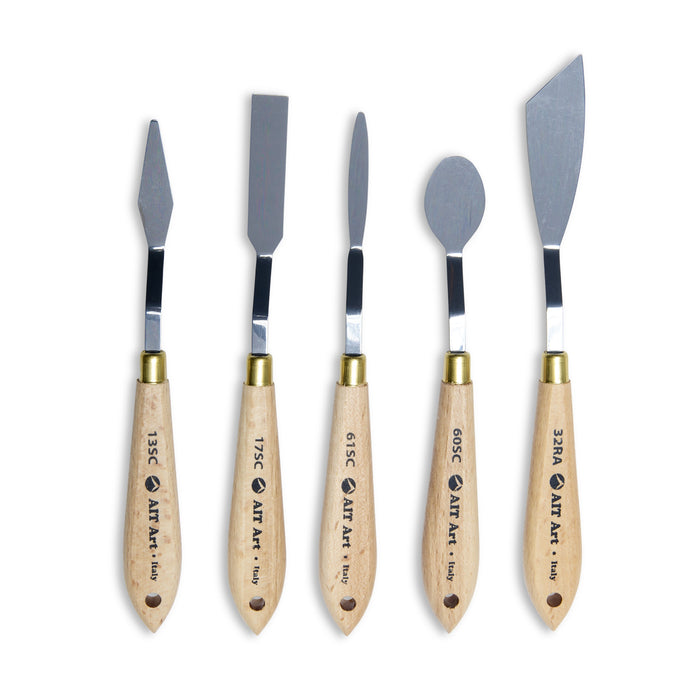 AIT Art Select Painting Knives - Set of 5 - Assorted Trowel Shapes with Italian Carbon Steel Blades - Durable and Versatile